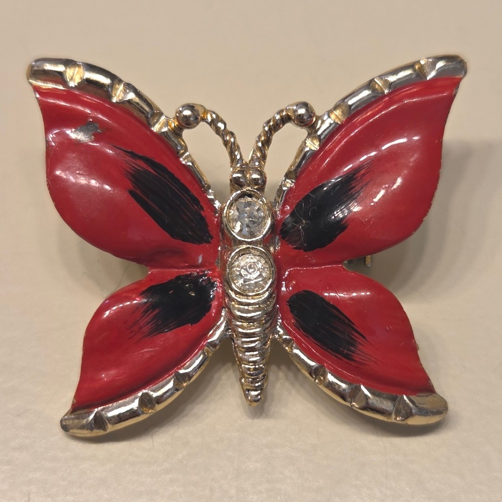 Vintage Unsigned Red Enamel Butterfly Brooch Rhinestone Gold Tone Pin AS IS